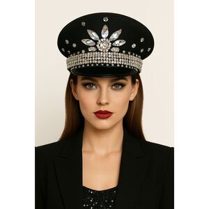 Black Rhinestone Captain Hat Unisex Crystal Bling Party Dance Performance Cap